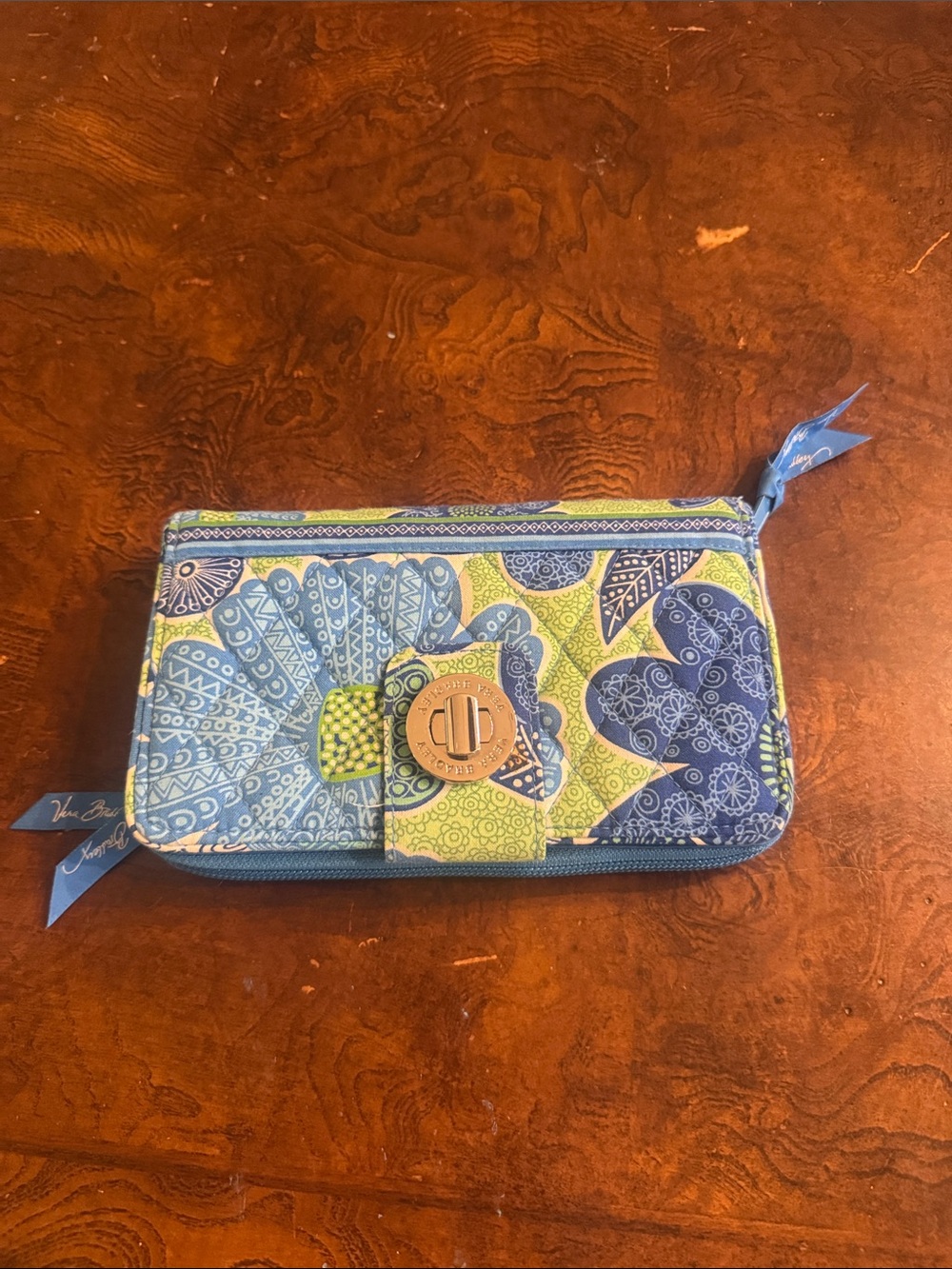 New Vera Bradley Blue & Lime Floral Turn-Lock Wristlet Wallet
